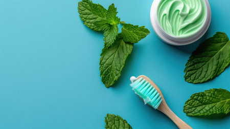 This vibrant image showcases a mint-flavored toothpaste in a jar alongside a toothbrush and fresh mint leaves on a blue background, emphasizing oral hygiene.の素材