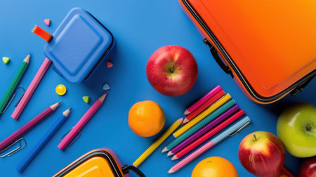 A vibrant flat lay arrangement featuring a colorful lunchbox, assorted fruits, and school supplies on a bright blue background, perfect for back-to-school themes.の素材
