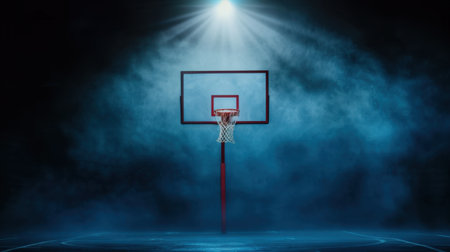 A stunning basketball hoop isolated against a backdrop of blue smoke and dramatic lighting, creating an intense atmosphere suitable for sports themes.の素材
