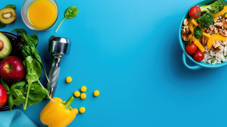 A vibrant arrangement of fresh vegetables and fruits highlighting a healthy lifestyle, featuring a salad bowl, dumbbell, and juice on a colorful blue background.の素材