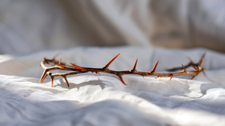 This image features a thorny brown branch with sharp spikes, elegantly arranged on soft light fabric, capturing a minimalist yet striking natural beauty.の素材