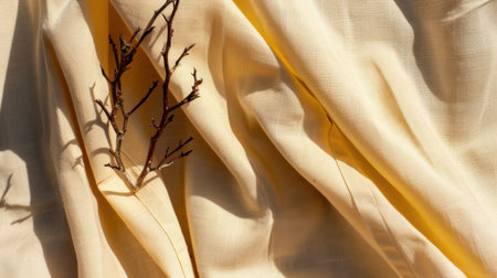 This image features a soft yellow fabric elegantly draped, intertwined with a delicate branch, creating a serene and artistic composition that highlights texture.の素材