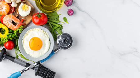 This image showcases a healthy lifestyle theme, featuring fresh ingredients like vegetables and shrimp alongside workout gear on a marble surface, symbolizing wellness.の素材