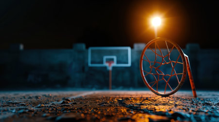 A captivating nighttime shot of a basketball court featuring a glowing hoop and dramatic shadows. A perfect illustration of urban sports culture.の素材