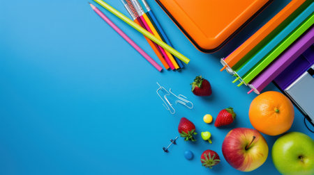 A vibrant arrangement of school supplies and fresh fruits on a blue background, perfect for back-to-school themes, creativity, and healthy eating.の素材