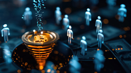 This digital artwork illustrates a Bitcoin symbol surrounded by abstract icons of people, representing financial transactions and investment trends in a modern economy.の素材