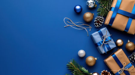 A vibrant arrangement of beautifully wrapped gifts with ribbons and ornaments on a blue background, perfect for holiday celebrations and festive occasions.の素材