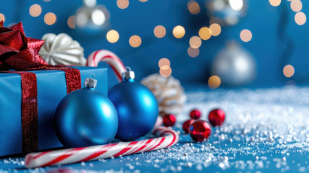 A beautifully arranged Christmas gift features vibrant blue ornaments, candy canes, and sparkling decorations on a charming tabletop. Perfect for holiday spirit.の素材