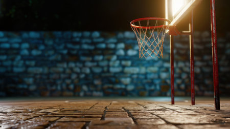 A captivating image of an empty basketball hoop illuminated at night, set against a textured cobblestone ground and a stony wall background, creating a dramatic atmosphere.の素材