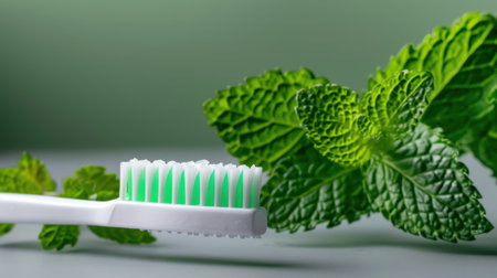 A close-up image showcasing a fresh toothbrush with minty green bristles beside vibrant green mint leaves, symbolizing clean oral hygiene and freshness.の素材