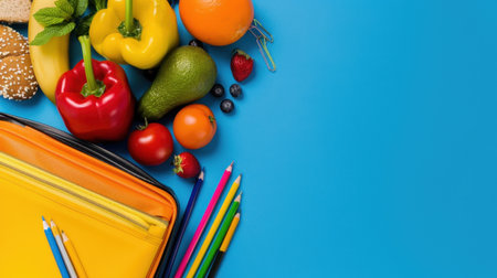 A vibrant arrangement of fresh fruits, vegetables, and colorful school supplies on a blue background, emphasizing healthy living and creative learning environments.の素材