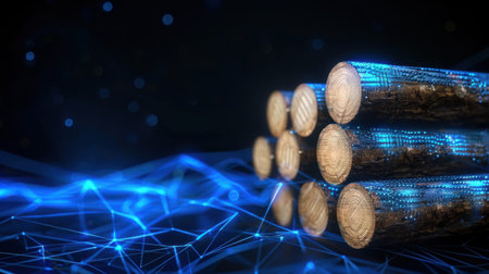A stunning image featuring stacked wood logs set against a vibrant blue digital background. The combination creates a striking contrast between nature and technology, ideal for conceptual imagery.の素材