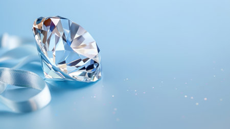 This stunning image features a sparkling diamond resting elegantly next to a delicate ribbon on a soft blue background, symbolizing luxury and beauty.の素材