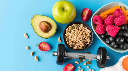A vibrant flat lay image showcasing healthy lifestyle elements, featuring fresh produce, a dumbbell, and nutrient-rich foods designed to promote wellness and fitness.の素材