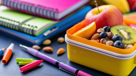 A vibrant lunchbox filled with fresh fruits and nuts sits beside colorful notebooks and writing tools, symbolizing healthy eating and study motivation.の素材