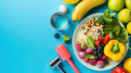 A vibrant arrangement of fresh fruits and vegetables on a bright blue background, showcasing a healthy meal concept filled with color and nutrition.の素材