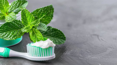 This visually appealing image features fresh mint leaves alongside a toothbrush topped with toothpaste. It represents the importance of oral care in a healthy routine while showcasing natural and minty freshness.の素材