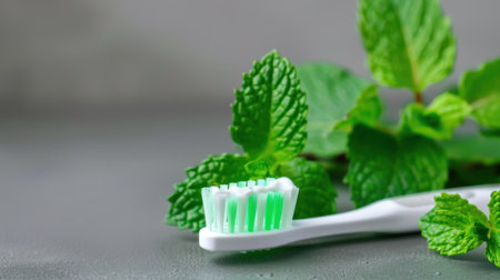 A close-up image shows a white toothbrush with green bristles placed next to vibrant mint leaves on a gray surface, highlighting freshness and dental hygiene.の素材