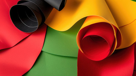 A vibrant arrangement of colorful sheets of paper curled in different directions, showcasing an abstract background with smooth textures and artistic flair.の素材