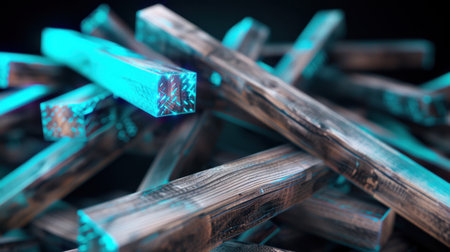 An artistic composition featuring glowing wooden beams with intricate textures and unique lighting. Perfect for backgrounds or design projects.の素材