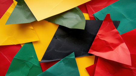 This image showcases a vibrant collection of crumpled paper in shades of red, green, yellow, and black, ideal for creative projects and artistic designs.の素材