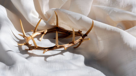 This artistic image features a crown made from thorny branches, elegantly placed on soft white fabric. The natural design evokes organic beauty and simplicity.の素材