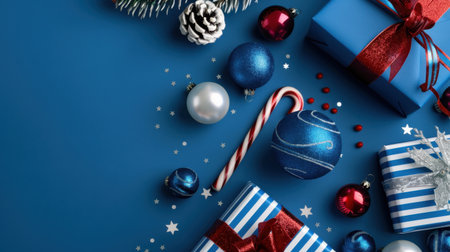 Brightly colored Christmas decorations create a festive atmosphere with shiny ornaments, candy canes, and beautifully wrapped gift boxes on a blue background.の素材