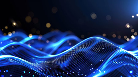 This captivating image features abstract blue waves with glowing points of light and a bokeh effect, creating a mesmerizing and tranquil ambiance ideal for various design applications.の素材