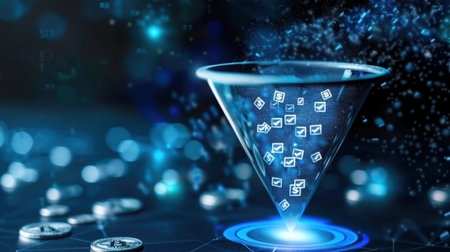 This image illustrates a futuristic concept of data filtering and processing, featuring a glass funnel capturing digital symbols, representing technology and innovation.の素材