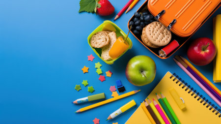 A vibrant and colorful arrangement of a lunchbox filled with snacks, fruits, and stationery on a bright tabletop. Ideal for school and nutrition themes.の素材