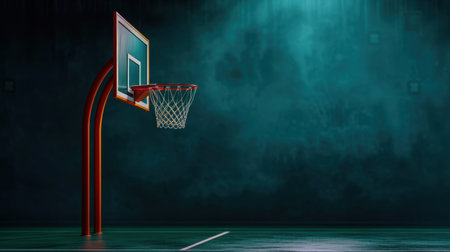 A captivating image of a basketball hoop set against a moody, dark backdrop, highlighting the urgency and excitement of the sport in a deserted court environment.の素材