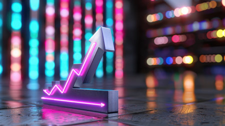 This captivating image features a neon arrow symbolizing growth and success, set against a dynamic background, perfect for business and marketing themes.の素材