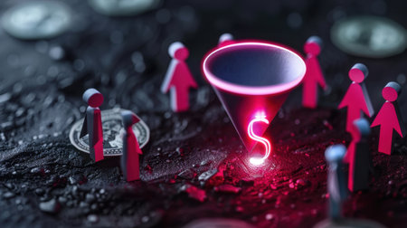 An abstract graphic showing a financial funnel with a vibrant neon dollar sign, surrounded by human figures and currency coins, symbolizing economic growth.の素材