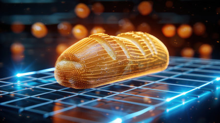 This captivating digital representation features a loaf of bread on a glowing grilling surface, showcasing a blend of technology and culinary art in vibrant neon colors.の素材
