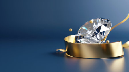A stunning diamond rests gracefully on a gold ribbon against a rich blue background, embodying luxury and elegance, ideal for celebration themes.の素材