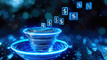 This image showcases a digital funnel integrated with floating dollar symbols, symbolizing financial growth and success in a modern technological setting.の素材