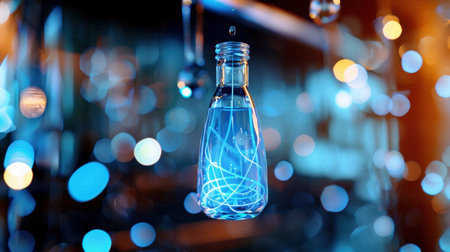 A captivating image of a glass bottle filled with blue liquid, showcasing creative light effects and a vibrant bokeh background for a modern aesthetic.の素材