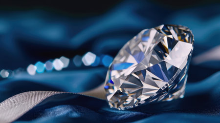A stunning diamond rests elegantly on rich blue fabric, showcasing intricate facets and brilliant reflections in soft lighting. Perfect for luxury themes.の素材