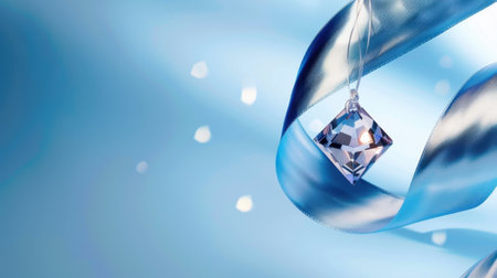 Beautiful crystal pendant hangs gracefully from a blue ribbon, creating a stunning visual effect against a soft blurred background of light. Perfect for elegance.の素材