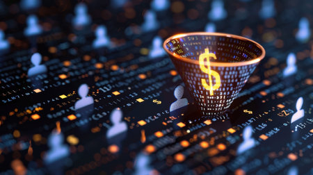 This image showcases a captivating digital environment featuring a dollar symbol amidst a network of data points, representing modern financial analytics and insights.の素材