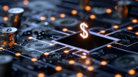 A visually striking representation of digital currency, showcasing a glowing dollar symbol amidst cryptocurrency icons on a circuit board background, symbolizing modern finance.の素材