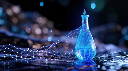 This captivating image showcases a blue glass laboratory flask surrounded by glowing particles and interconnected lines, symbolizing innovation in science and technology.の素材