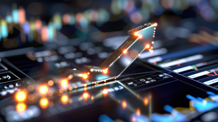 This captivating image showcases a glowing arrow representing growth on a digital financial backdrop, highlighting market trends and investment opportunities.の素材