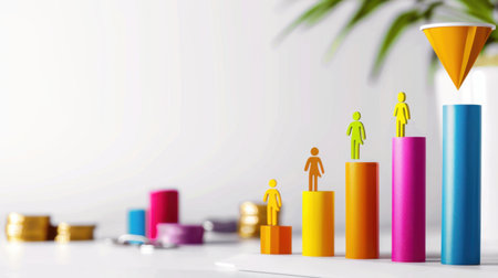 A vibrant bar graph displaying human figures in a workspace, representing financial growth and success. The colorful design emphasizes progress and achievement in business.の素材