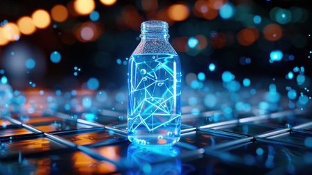 A stunning image of a transparent water bottle surrounded by vibrant blue particles and a modern digital environment, showcasing futuristic design elements and innovation.の素材