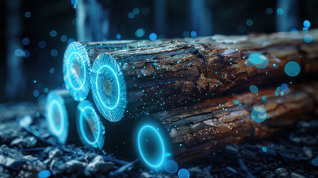 Captivating image of glowing logs surrounded by digital particles in a serene forest setting, blending nature with modern technology and innovation.の素材