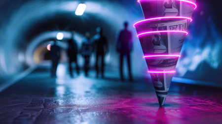 A striking visual representation of a colorful money spiral in a dark urban tunnel, symbolizing financial innovation and modern opportunities.の素材