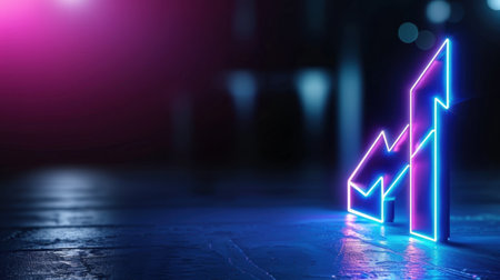 A striking neon light graph representing financial growth set against a dark background. This modern design symbolizes market trends and progress, perfect for business themes.の素材