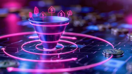 A visually striking digital marketing funnel illustration featuring neon colors, dollar signs, and cryptocurrency elements, symbolizing modern finance.の素材