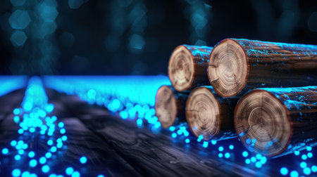 This captivating image features stacked timber logs resting on a wooden surface, illuminated by blue glowing lights in a softly blurred background, creating a serene atmosphere.の素材